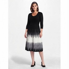 Studio One NY Midi Sweater Dress Medium Black White Gray Knit 3/4 Sleeve