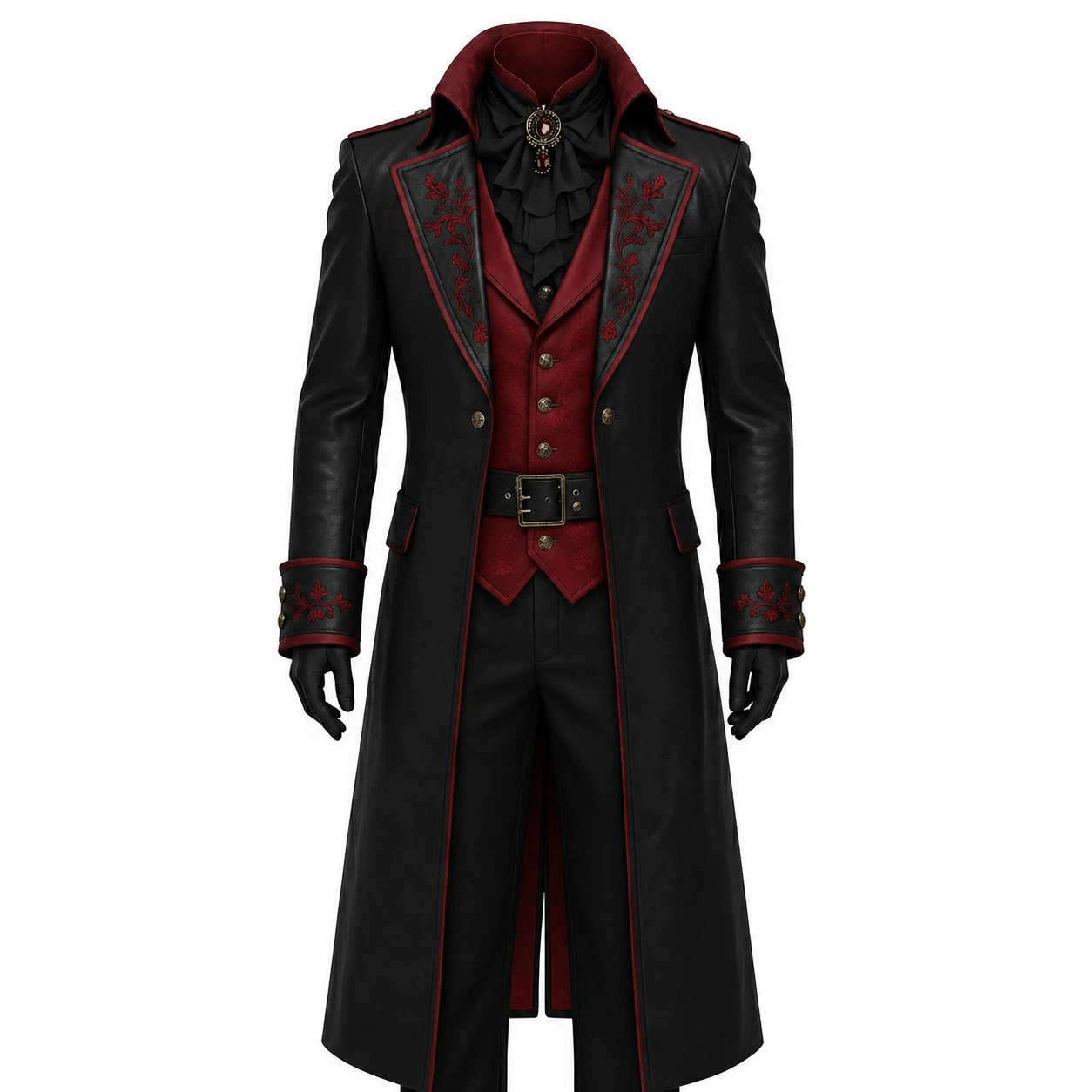 Men Victorian Gothic Vampire Leather Coat Red Embroidered Steampunk Trench Coat