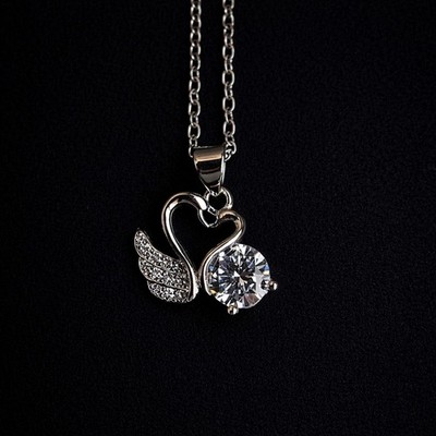 Swan Heart Pendant Necklace 925 Silver CZ Crystal Elegant Gift for Her