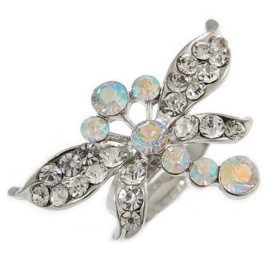 Rhodinierter modischer Ring Libelle mit Diamanten (eisklar)