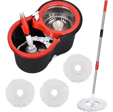 360° Spin Mop Bucket Sets with Wring System in 3 Microfiber Heads, Stainless