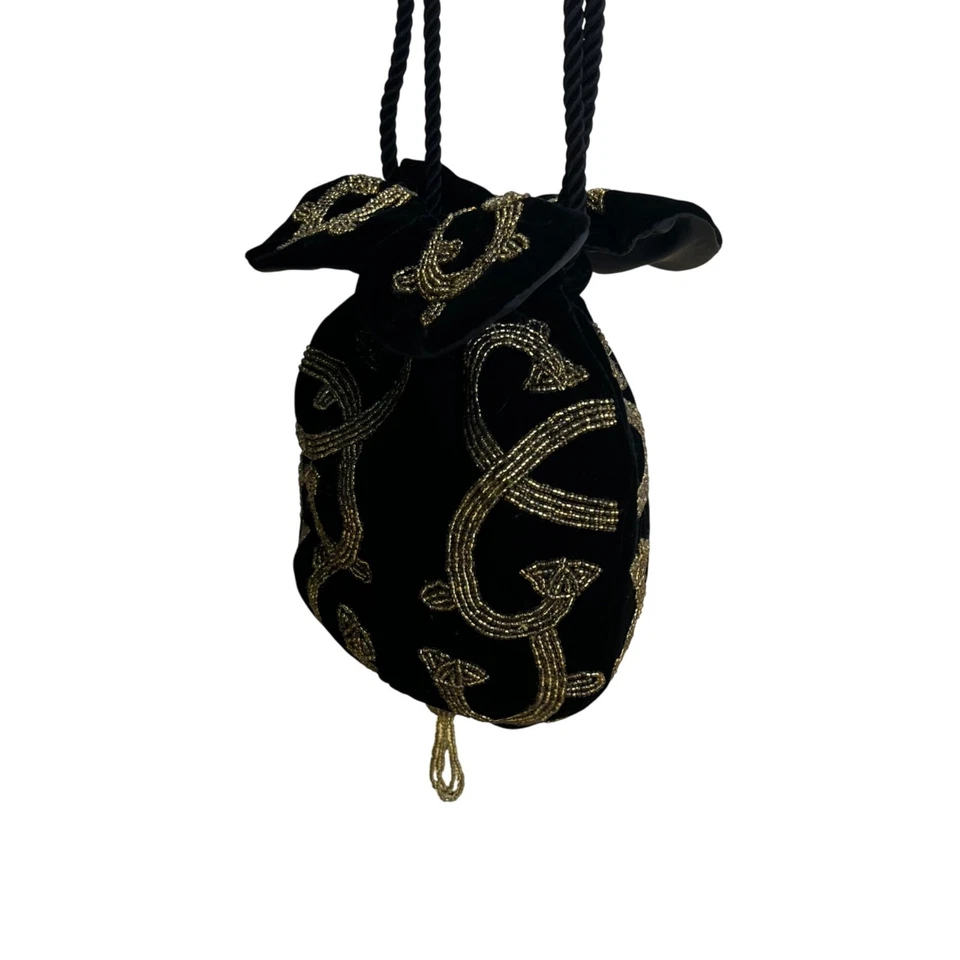 Black Velvet Drawstring Pouch Bag With Gold Beaded Design & Braided Shoulder Str - Image 3 of 4