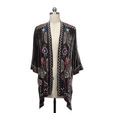 JWLA Johnny Was Silk Blend Velvet Embroidered Kimono Cardigan Grey Size XS Boho