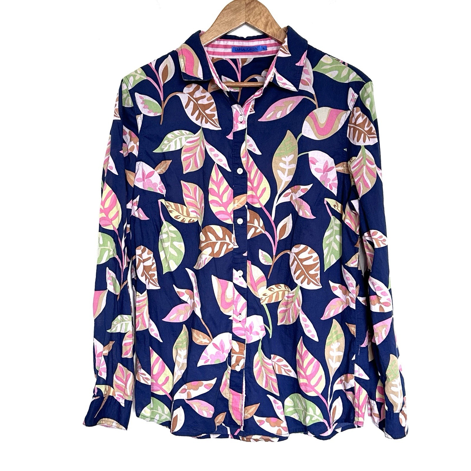 J. McLaughlin Shirt Women’s XL Blue Leaves Cotton Boho Button Up Long Sleeve Top