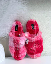 PINK Faux Fur Plaid Logo Rhinestone Slide Slippers Size M US 7-8