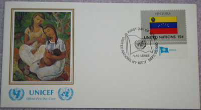 Briefumschlag UNICEF FDC. Frankiert UNO Flaggen, Venezuela am 26.9.1980 (12.494)