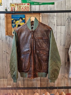 Schott NYC Leather Jacket USA Made Brown Olive Quilted Sleeves Size M Authentic