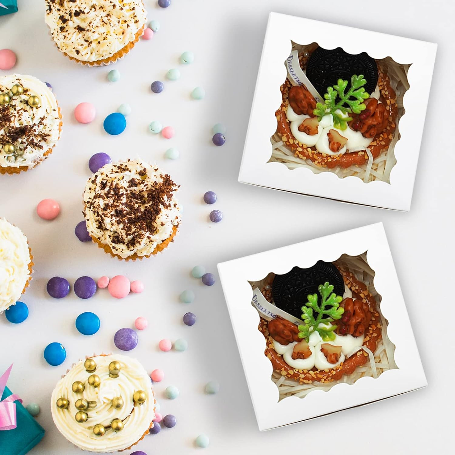 50Pcs Cookie Boxes 4X4X2.5 Inch Bakery Boxes with Window Treat Box Dessert Box f