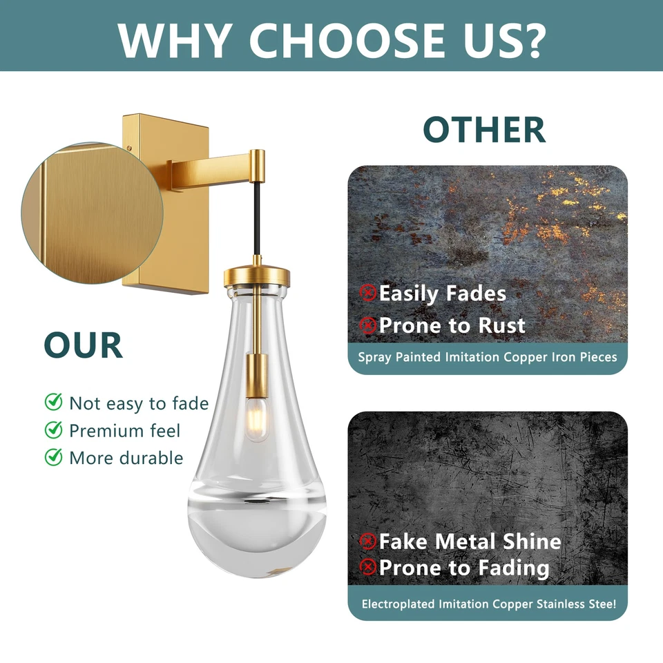 2 Pack Raindrop Indoor LED Wall Light Modern Gold Sconce Clear Glass Fixture UL - Image 4 of 4