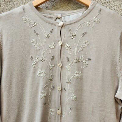 SILK LORE Sweater Set Women's Medium Beige 100% Silk Floral Embroidered