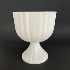 Vintage White Milk Glass Vertical Ribbed Pedestal Compote Bowl Planter Vase