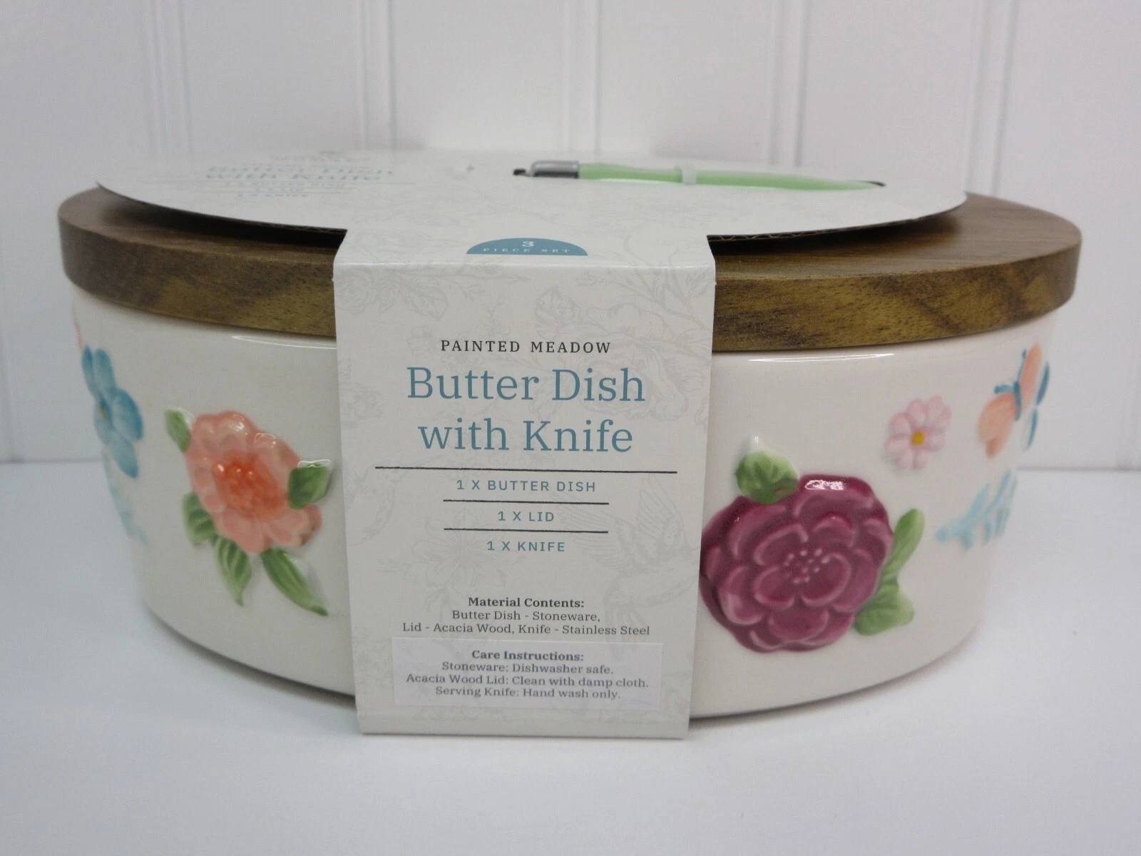 Pioneer Woman Butter Dish Serving Knife Lid Painted Meadow Floral Embossed New