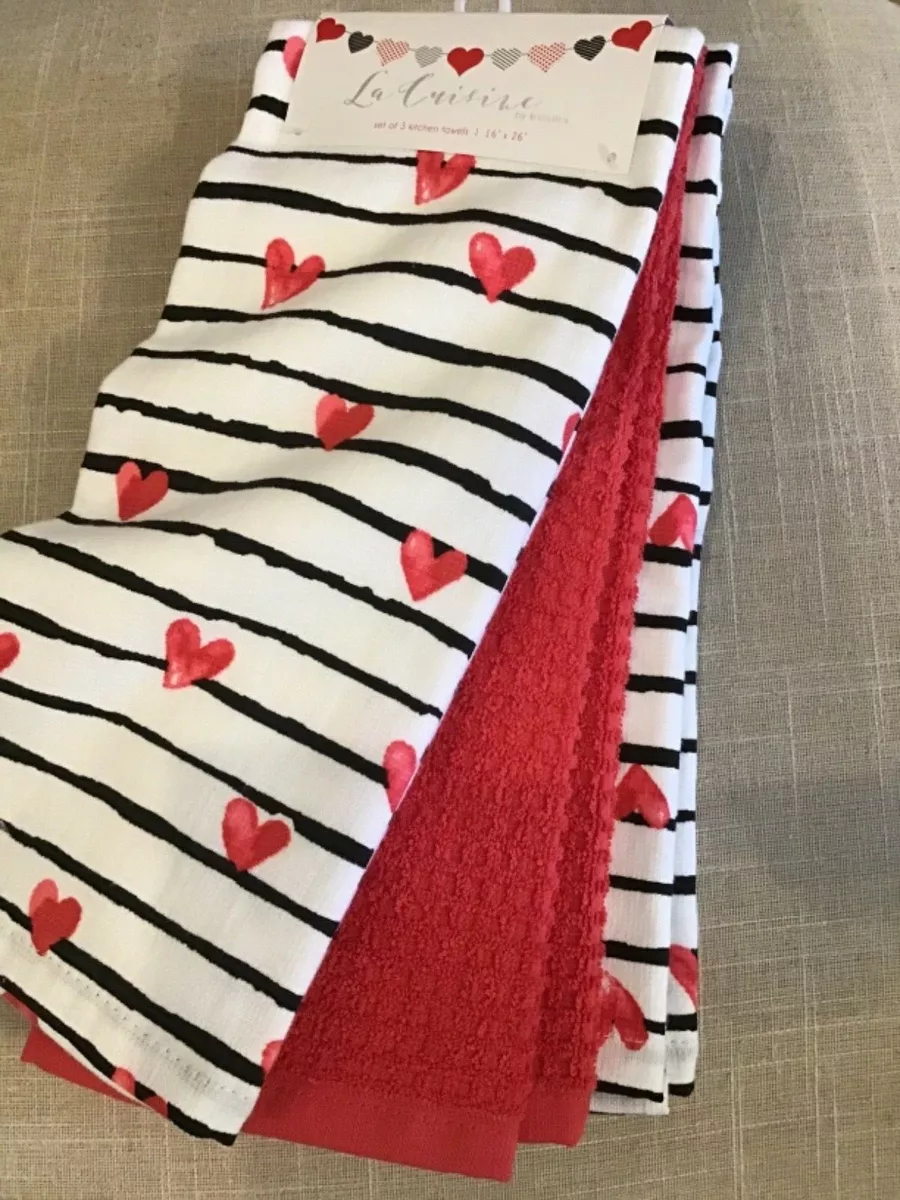 LA CUISINE KITCHEN TOWELS (3) WHITE BLACK RED HEARTS 16 x 26 NWT