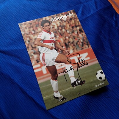 Hansi Müller Autogrammkarte mit Werbung für Adidas Hansi Müller Trainings Anzug