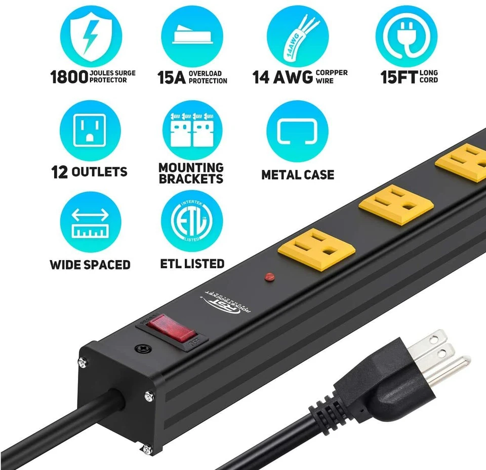 36" Power Strip Wide Spaced 12-Outlet 15 Feet Cord,15A Circuit,heavy duty,metal - Image 3 of 4