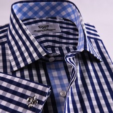 Navy Blue Check Business Shirt Easy Iron Wrinkle Free Matching Blue Inner Lining