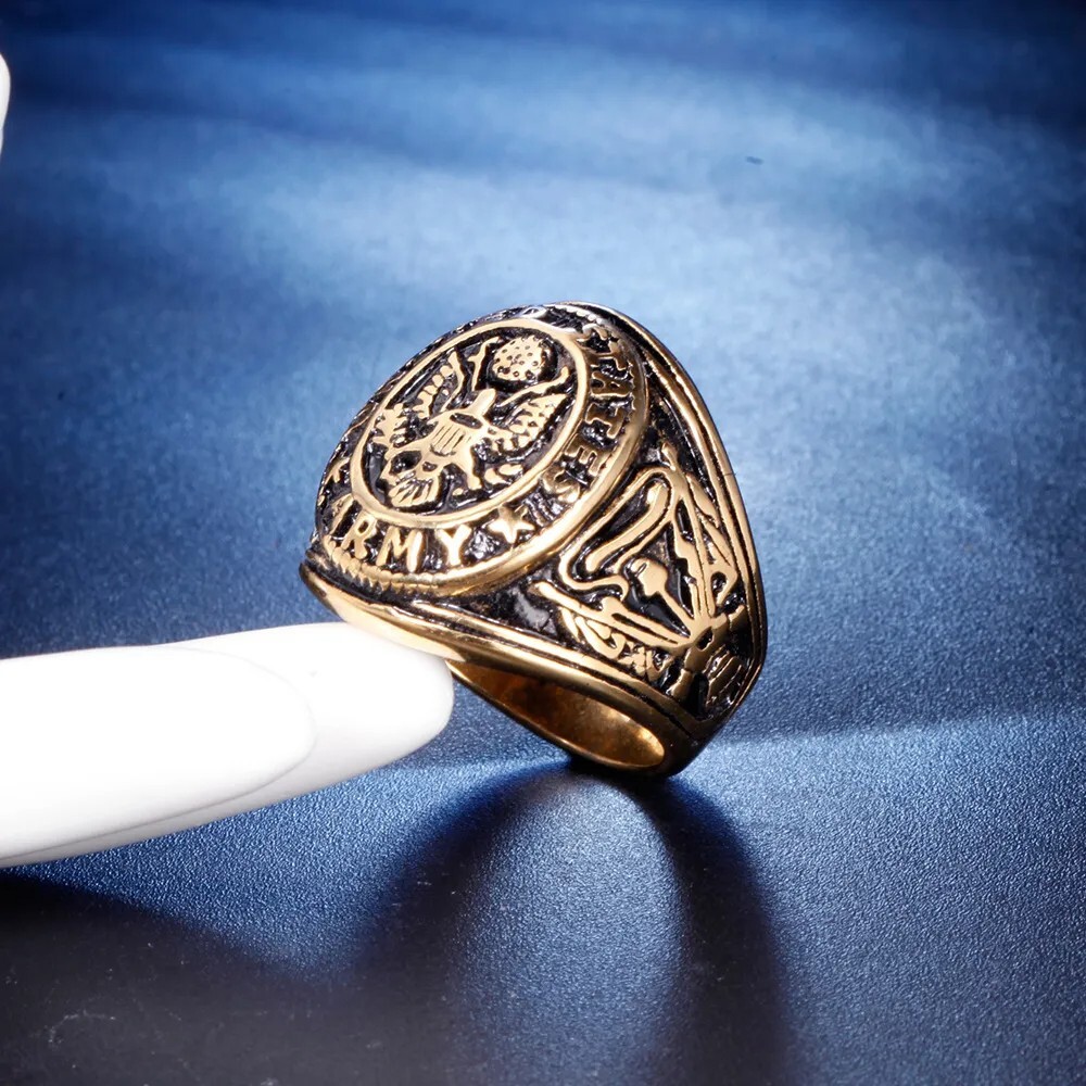 Stainless Steel Gold US Army Ring - Army Seal Biker Ring W/ US Army Flag & Eagle