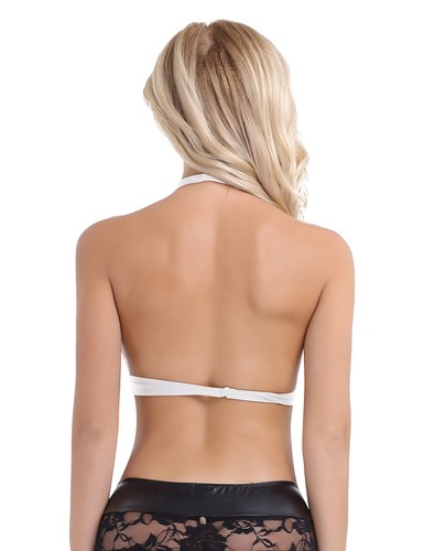 Women Backless Halter Transparent Mesh Sheer Crop Top T-Shirt Blouse Tee Tops - Picture 8 of 9