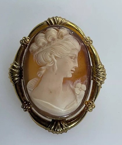 Vintage Gold Filled Carved Shell Lady CAMEO Right Facing Ornate Frame Brooch - 第 1/15 張圖片