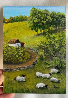 #ad Original Oil Painting Rural Landscape Sheep on Pasture Small Art 5 x 7 in $38.00