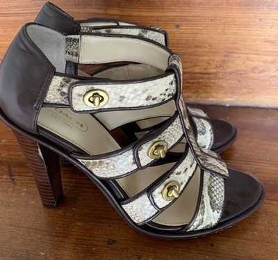 COACH Tamarah Leather Snake Skin Turn Lock Stacked Heels Women's Sandals Sz 7.5B
