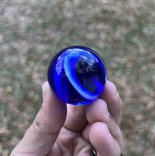 Sammy Hogue Marble 1 1/2 Signed With Stand Cobalt Blue And White Swirl