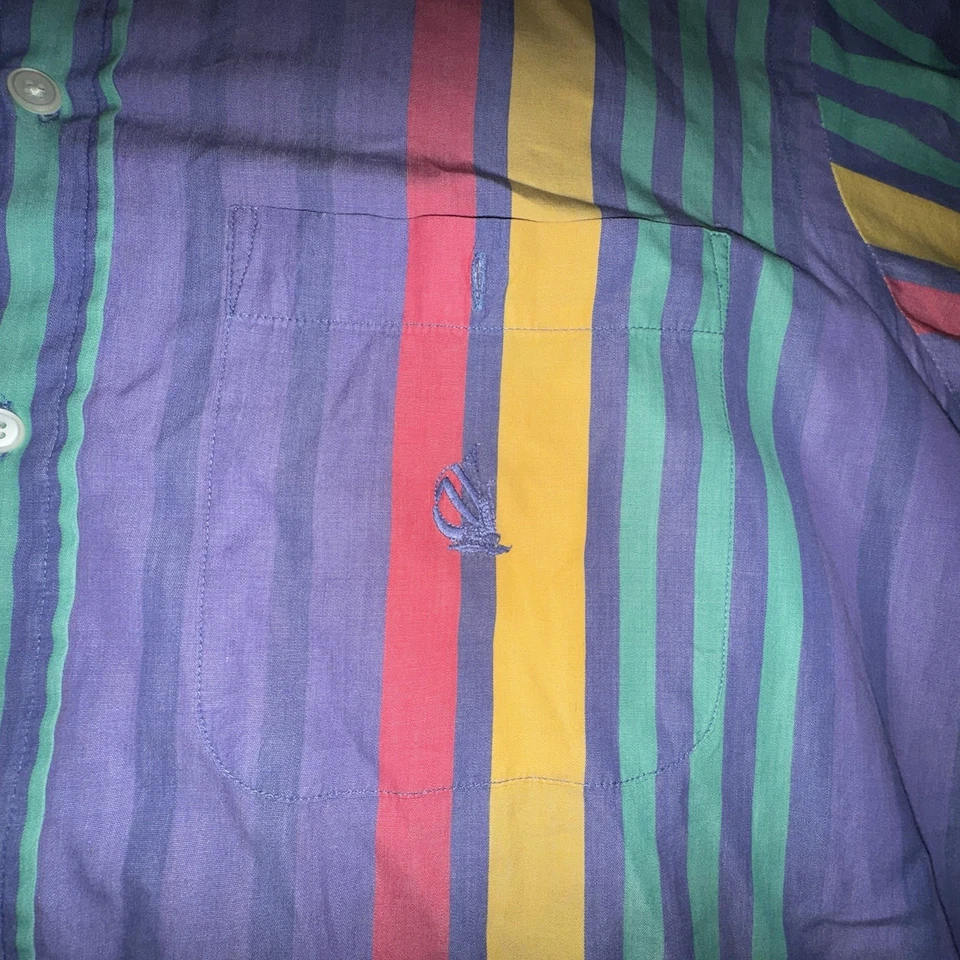 Camisa De Colección Años 90 Nautica Para Hombres Grande Arco Iris Rayas Manga Corta Botón Foto 3 de 4
