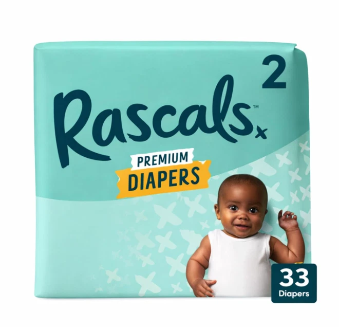 Rascals Premium Baby Diapers Size 2 (9–18 lbs)33 Count 12Hr Leak Protection Soft
