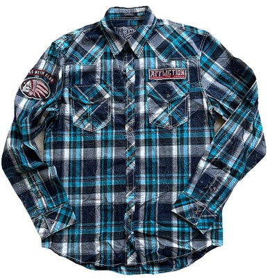 New with Defect AFFLICTION Navy Live Fast AC Motor Club Plaid Cotton Shirt XL