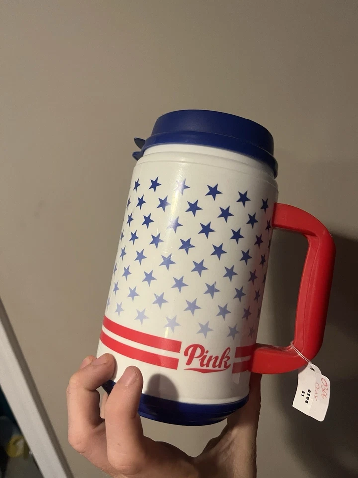 Victoria's Secret Pink Water Bottle Chug Mug Americana Red White Blue Flag 24 oz - Image 3 of 4