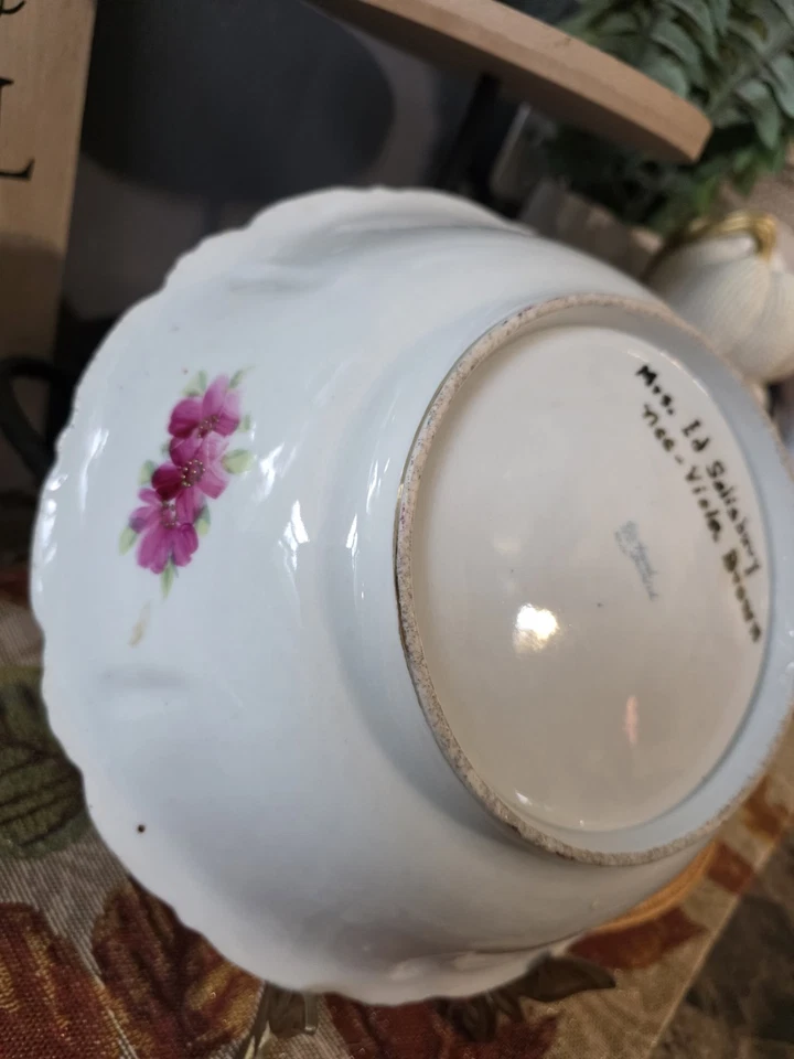 Antiguo. NIPPON Pintado a Mano Flores Rosa Sobre Azul, Borde Dorado. IMPRESIONANTE PLACA! Foto 4 de 4