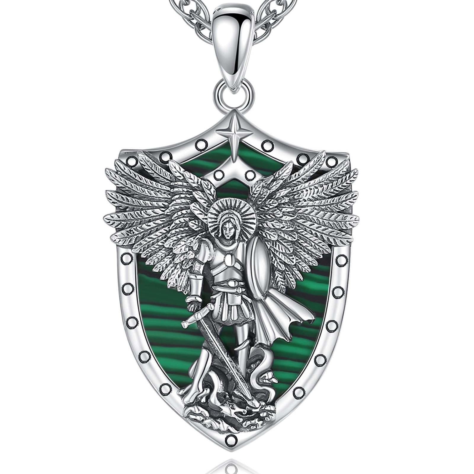 St Michael Necklace for Women & Men - 925 Sterling Silver with Malachite Archangel Charm