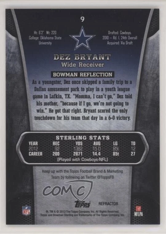 2013 Bowman Sterling Blue Refractor /99 Dez Bryant #9 - Image 2 of 2