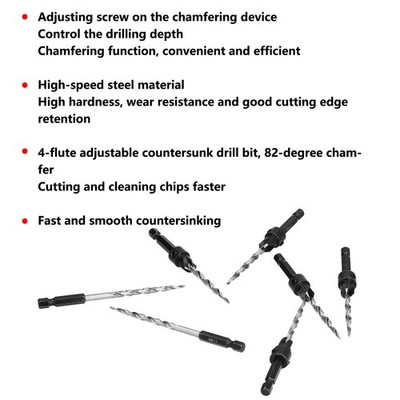 Wood Countersink Drill Bit Setin Tapered Adjustable 1/4 Hex Shank With Colla SET