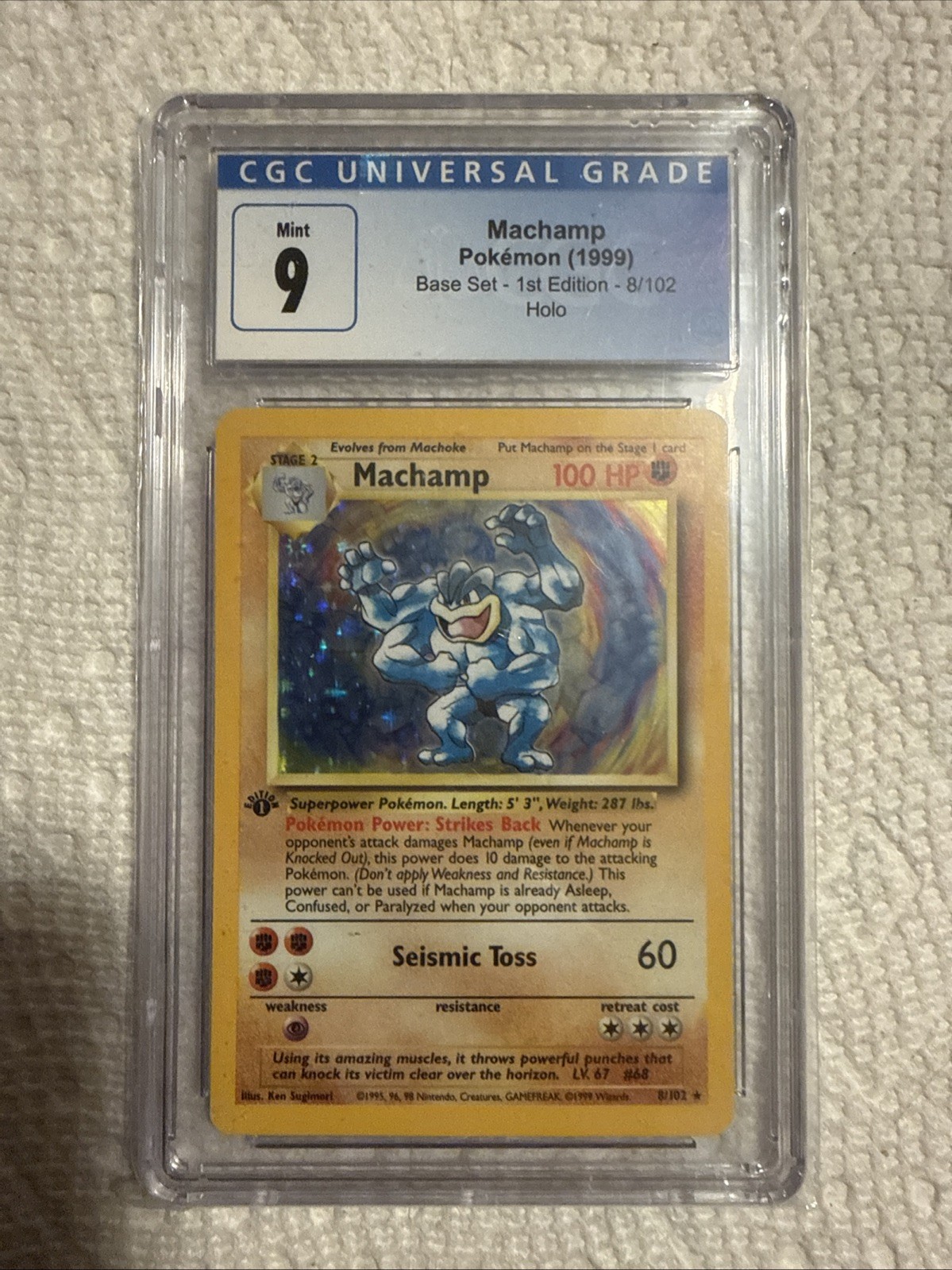 CGC 9 MINT Machamp 1999 Base Set 1st Edition 8/102 Cosmos Holo Pokemon