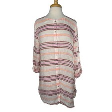 ST TROPEZ WEST 100% Linen Pink Stripe Tunic Blouse Size Large Womens
