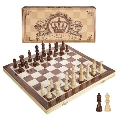 15 Inches Magnetic Wooden Chess Set - 2 Extra Queens - Folding Board - Pieces...