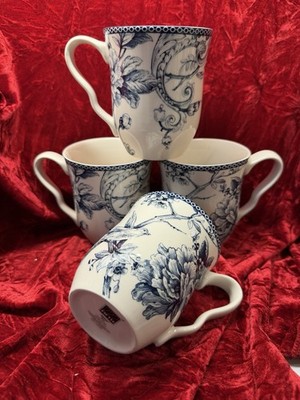 222 Fifth Adelaide Blue Porcelain Coffee Mugs Floral & Birds Toile Set of 4 New