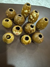 Vintage Lot Of 11 Ceramic Macrame Beads Multicolor Splatter Glazed Brown