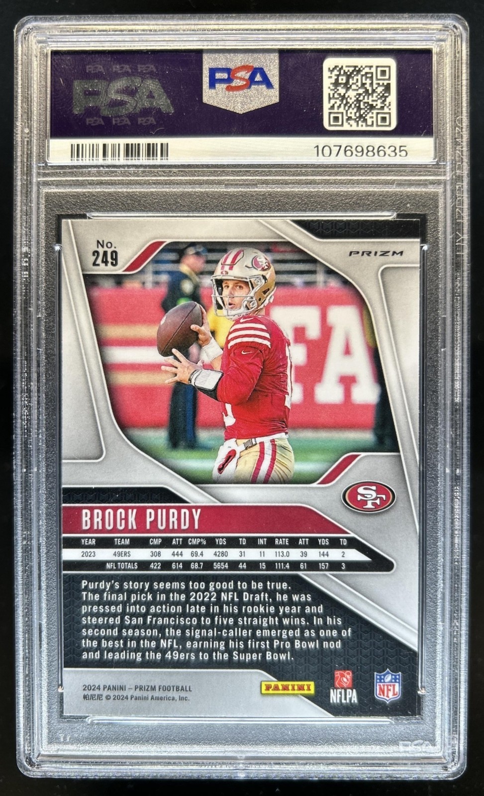 2024 Panini Prizm Brock Purdy Choice Blue Yellow and Green #249 49ers PSA 8 view 2