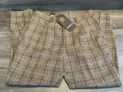 Next Tailoring Slim Fit Trousers W34 L31 Brown & Grey Plaid Zip Taper Brand New