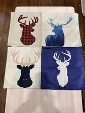 4 Christmas Pillow Covers 17x18 Winter Xmas Holiday Decorations Stag Deer Plaid