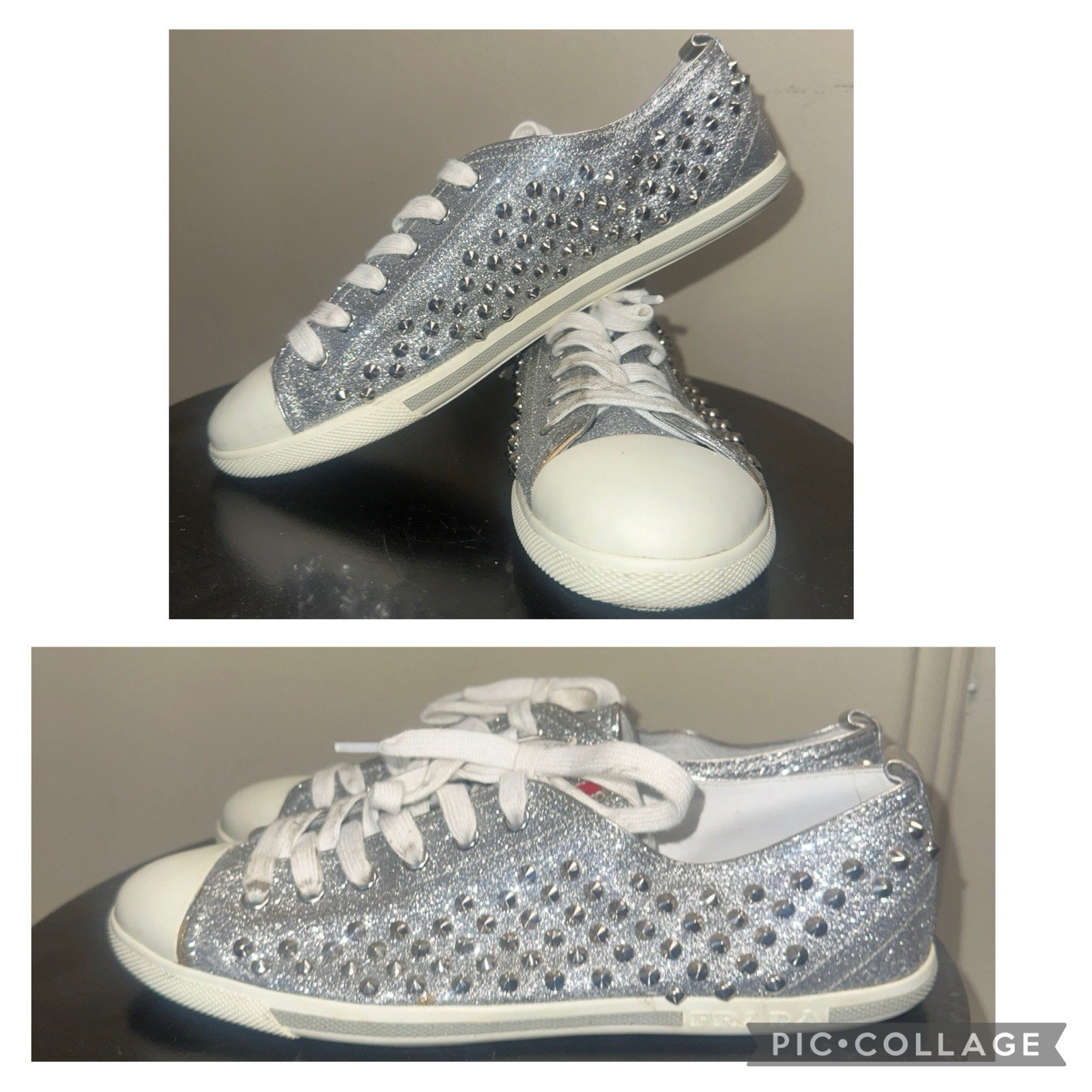 Prada Silver Glitter Studded Low Top Sneakers EU 40