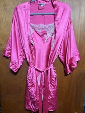 Y2K Victoria's Secret S/M Kimono Robe Hot Pink Satin Lace Trim Belted 3/4