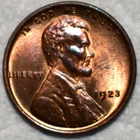 Brilliant Uncirculated 1923-P Lincoln Cent, Blazing, Predominantly Red specimen.