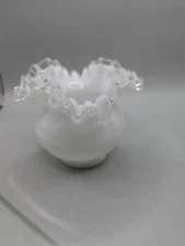 Vtg Fenton Silver Crest Milk Glass Rose Bowl Double Crimped Ruffle Edge Vase 