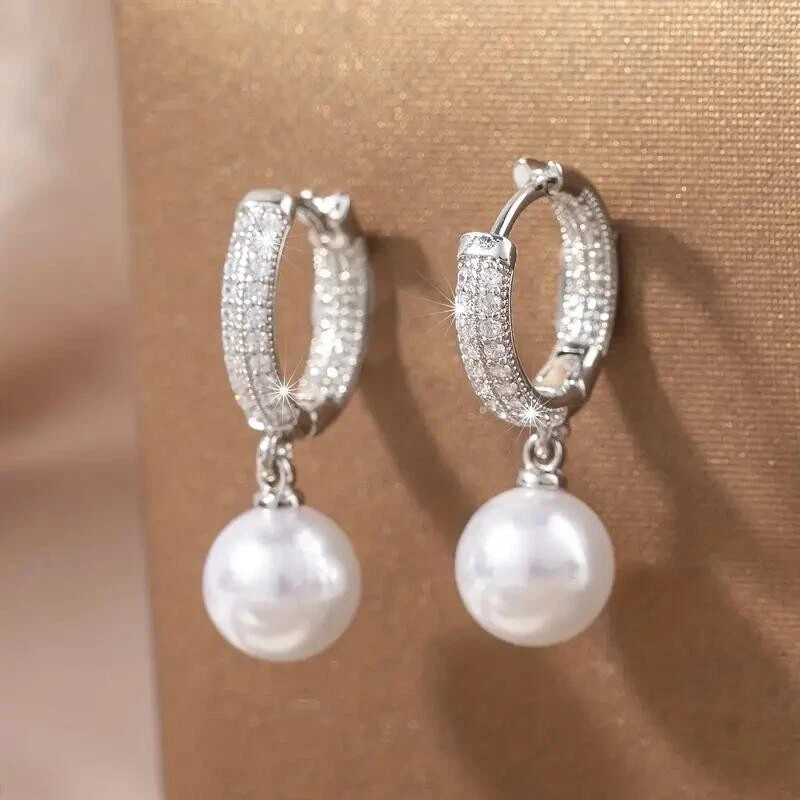 Moda Mujeres Lujo Imitación Perla Circón Pendientes Plateado Blanco Regalo Joyería Foto 2 de 4