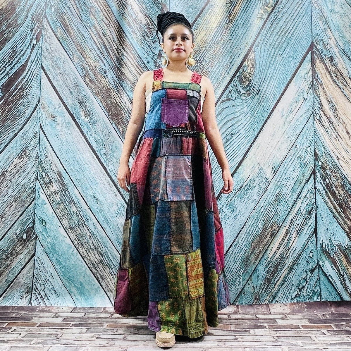 cotton bib overall dress Binsa Patchwork Overall Bib Dress Handmade Tribal Maxi Festival Cotton NWT