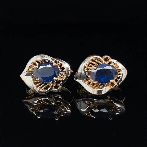 14K Two-Tone Gold Natural 3 Carat Blue Sapphire Clip On Statement Earrings