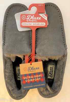 Men's dluxe by dearfoams Nelson Genuine Shearling Moccasin Slippers Grey Size 9